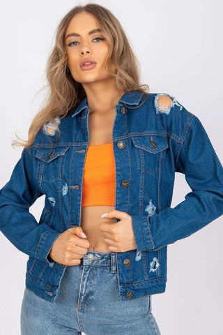 Classic blue shade jacket with holes, 97% cotton, 3% elastane, suitable for everyday styling.