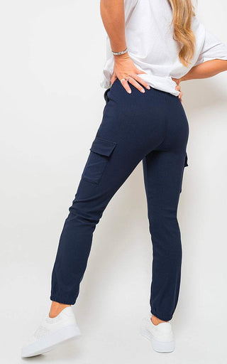 Cargo Pocket Trouser with drawstring and utilitarian pockets in navy, perfect for style and functionality.