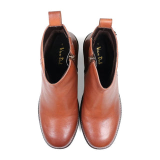 Top view of tan tumbled leather contemporary comfort boots with extra wide EE fit and 70mm platform heel