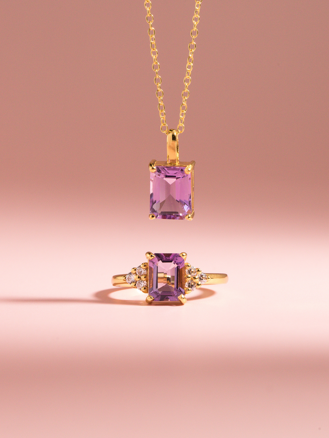 Lavender Amethyst Emerald Cut Pendant Necklace in 18k Gold Vermeil Vianne Jewellery