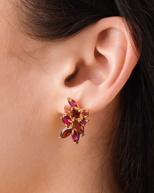Large Red Gemstone Cluster Earrings | 18k Gold Vermeil | Garnet Rhodolite Pink Tourmaline Vianne Jewellery
