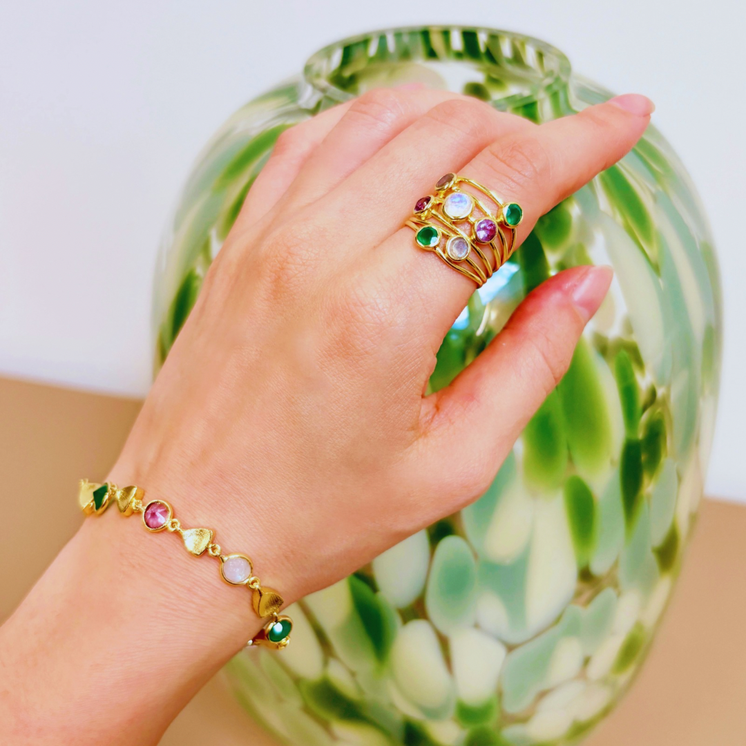 Gold Sara Mixed Gemstone Bracelet Green Onyx, Amethyst & Moonstone Azuni London