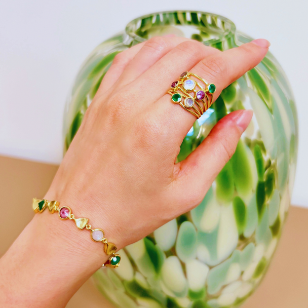 Gold Sara Mixed Gemstone Bracelet Green Onyx, Amethyst & Moonstone Azuni London