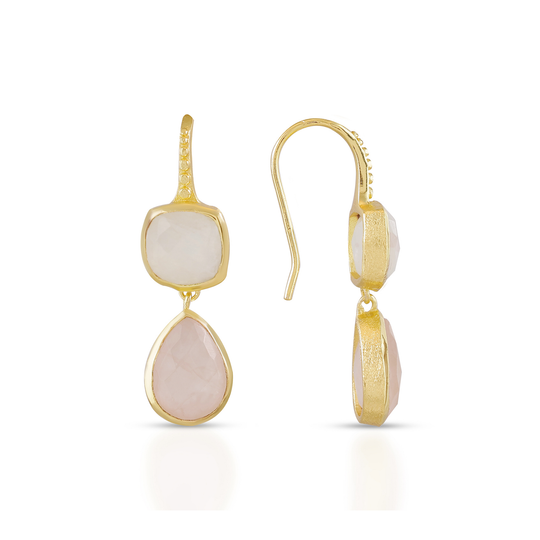 Charis Double Gemstone Earrings | Azuni London 22K Gold | Moonstone Rose Quartz Azuni London