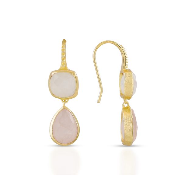 Charis Double Gemstone Earrings | Azuni London 22K Gold | Moonstone Rose Quartz Azuni London