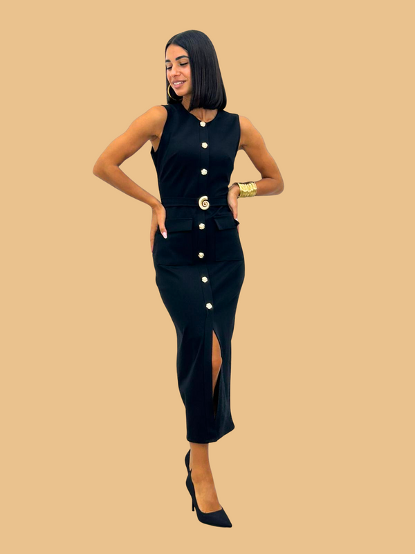 Black Bodycon Belted Midi Pencil Dress With Gold Buttons The FEO Collection