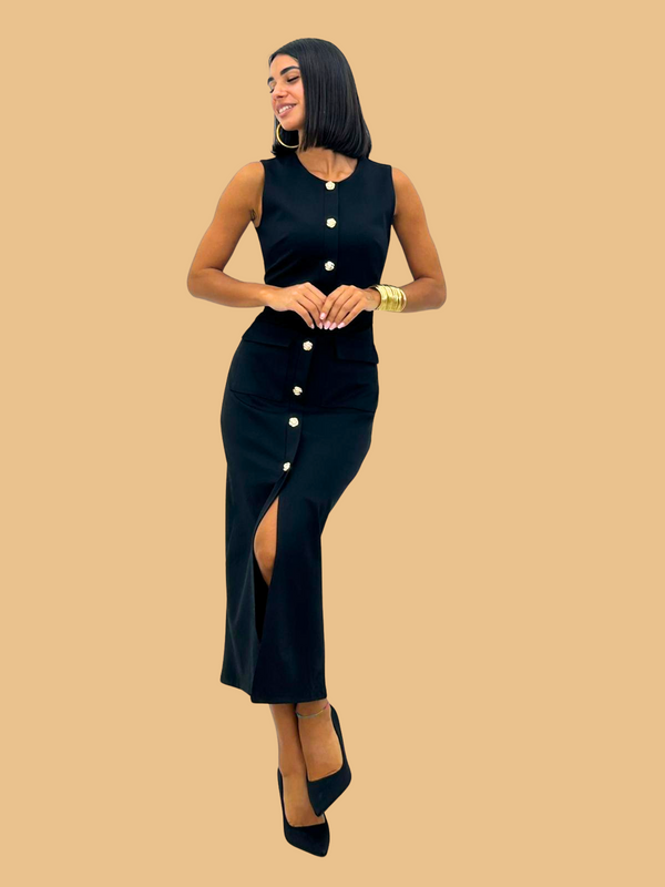 Black Bodycon Belted Midi Pencil Dress With Gold Buttons The FEO Collection