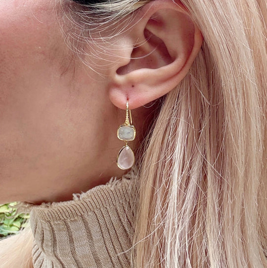Charis Double Gemstone Earrings | Azuni London 22K Gold | Moonstone Rose Quartz Azuni London