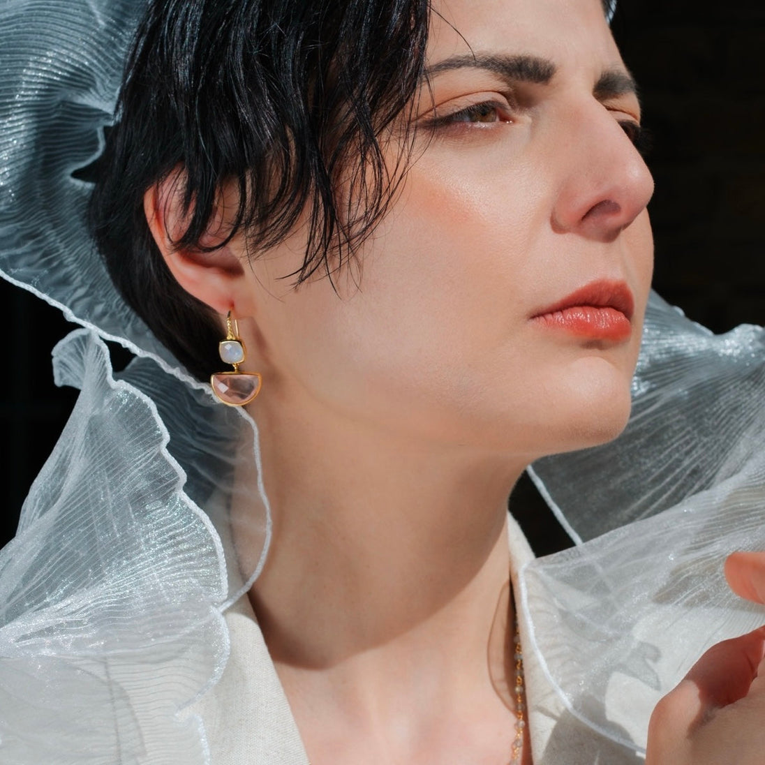 Charis Halfmoon Double Gemstone Earrings Rose Quart & Ruby Azuni London