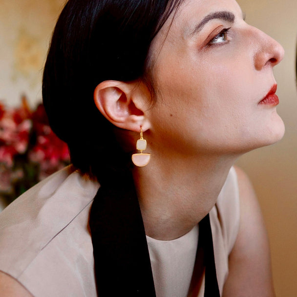 Charis Halfmoon Double Gemstone Earrings | Azuni London 22K Gold | Moonstone Rose Quartz Azuni London