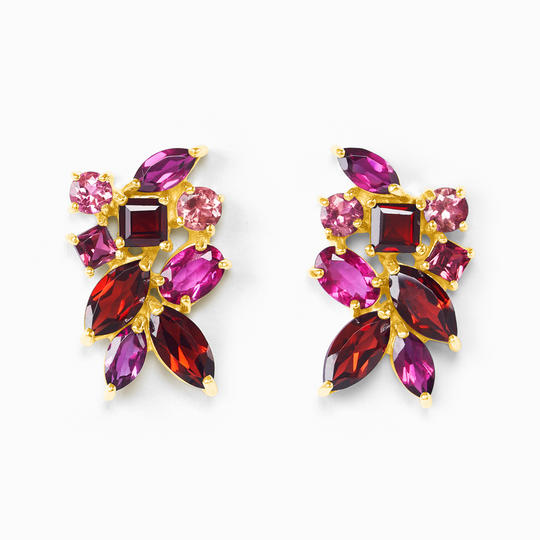 Large Red Gemstone Cluster Earrings | 18k Gold Vermeil | Garnet Rhodolite Pink Tourmaline Vianne Jewellery