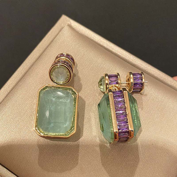 High-end Light Luxury Peridot Green Jade & Purple Diamond Earrings