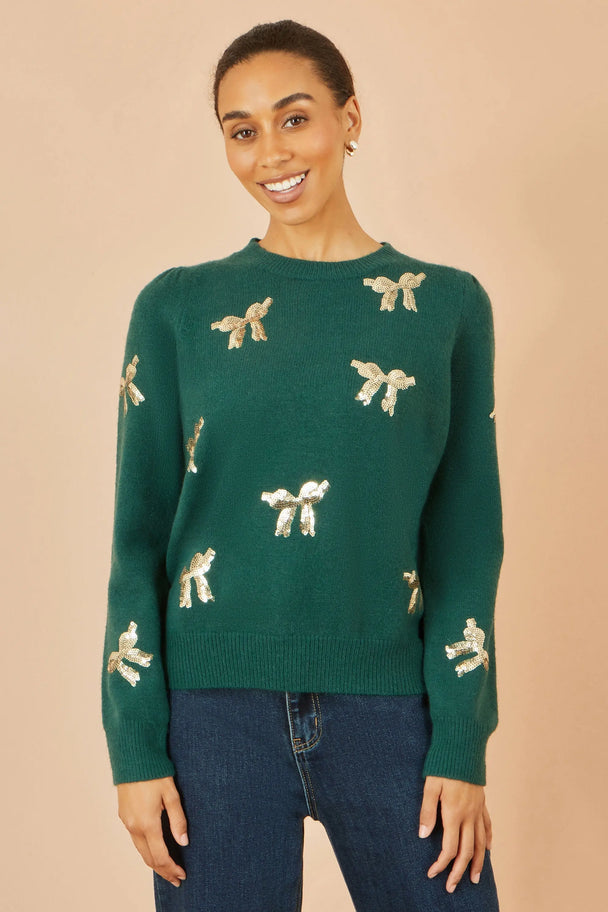 Yumi Green Sequin All Over Applique Bow Knitted Jumper Yumi