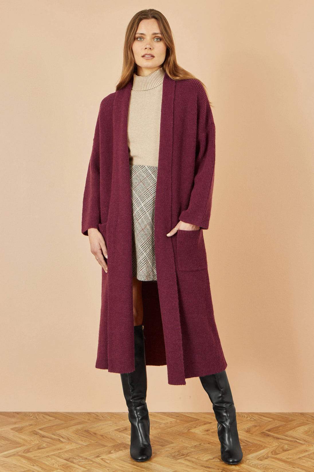 Yumi Burgundy Knitted Maxi Cardigan With Pockets Yumi