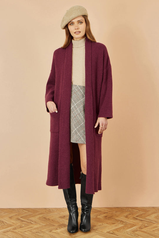 Yumi Burgundy Knitted Maxi Cardigan With Pockets Yumi