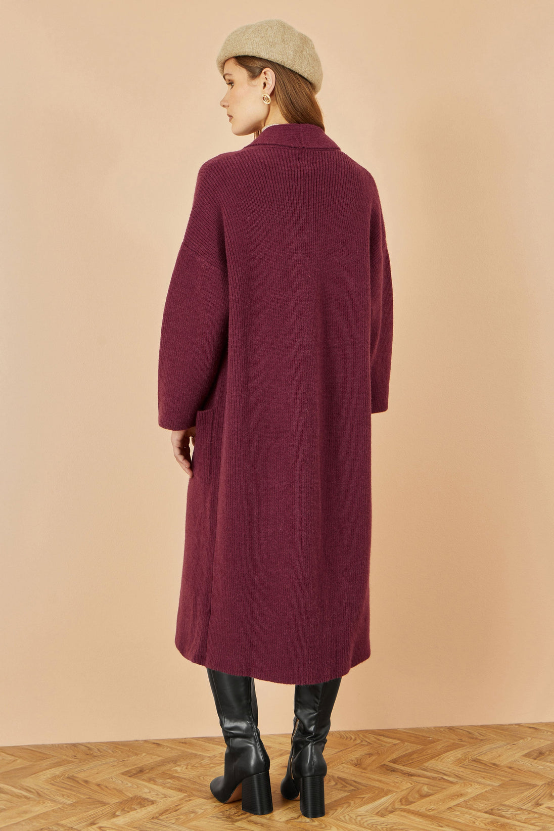 Yumi Burgundy Knitted Maxi Cardigan With Pockets Yumi