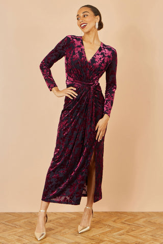 Yumi Burgundy Velour Stretch Midi Dress With Long Sleeves Yumi