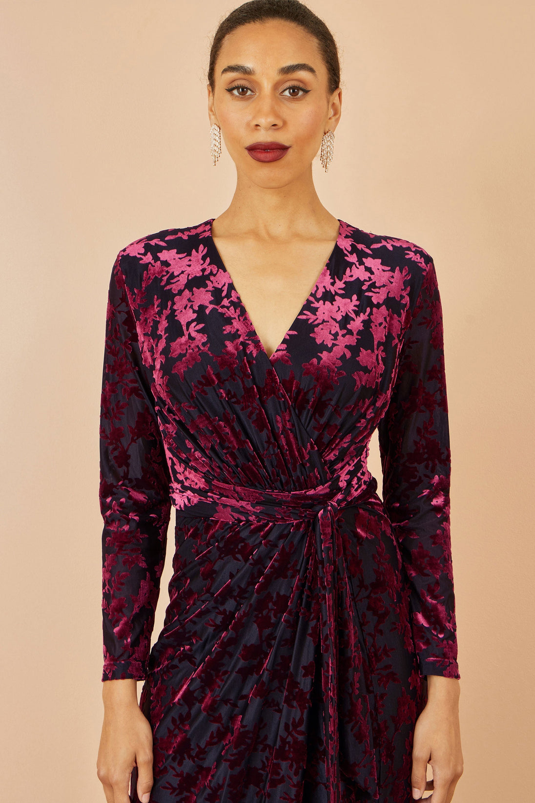 Yumi Burgundy Velour Stretch Midi Dress With Long Sleeves Yumi