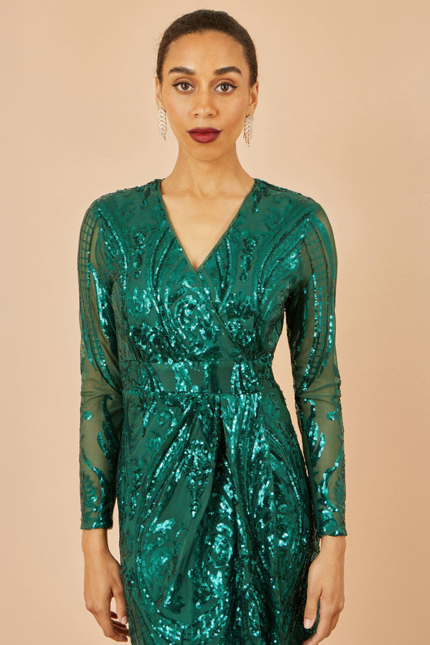 Yumi Green Sequin Midi Wrap Dress With Split Hemline And Long Sleeves Yumi