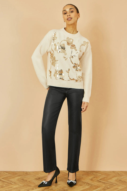 Yumi Cream Relaxed Knitted Jumper With Sequin Detail Yumi