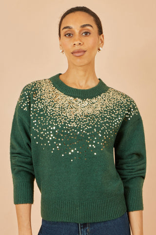 Green relaxed knitted jumper with scattered sequin neckline and long sleeves