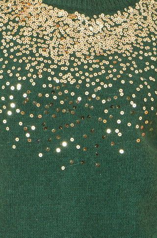 Close-up of green relaxed knitted jumper with scattered sequin neckline detail
