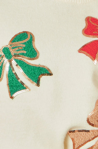 White Sequinned Bow Relaxed Fit Jumper Yumi