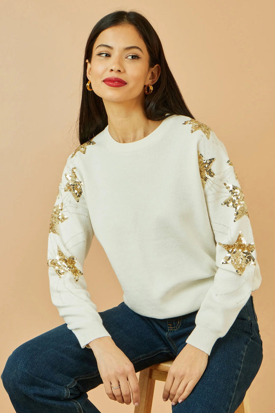 Yumi White Relaxed Fit Jumper With Sequin Star Sleeves Yumi