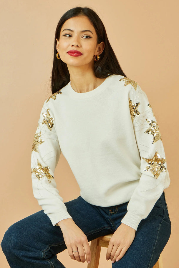 Yumi White Relaxed Fit Jumper With Sequin Star Sleeves Yumi