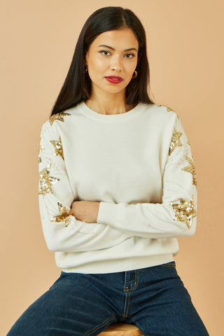 White Relaxed Fit Jumper With Sequin Star Sleeves Yumi