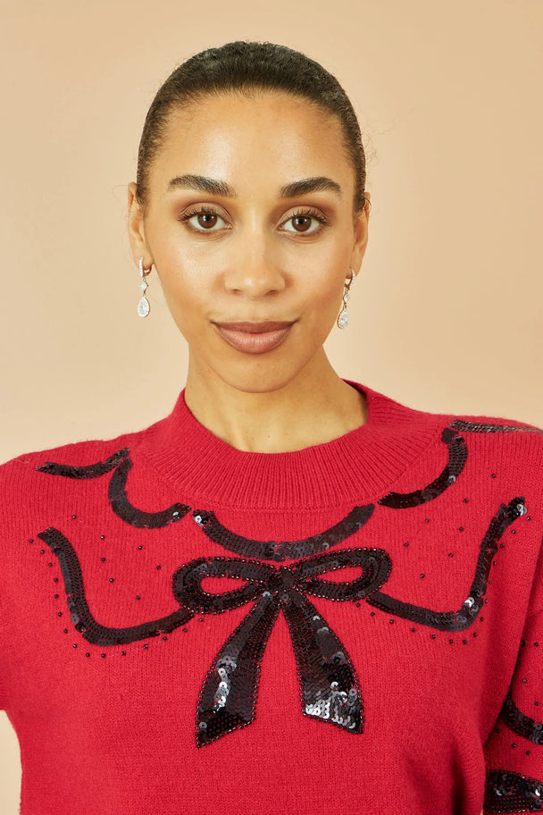 Yumi Red Sequinned Bow Neckline Jumper Yumi