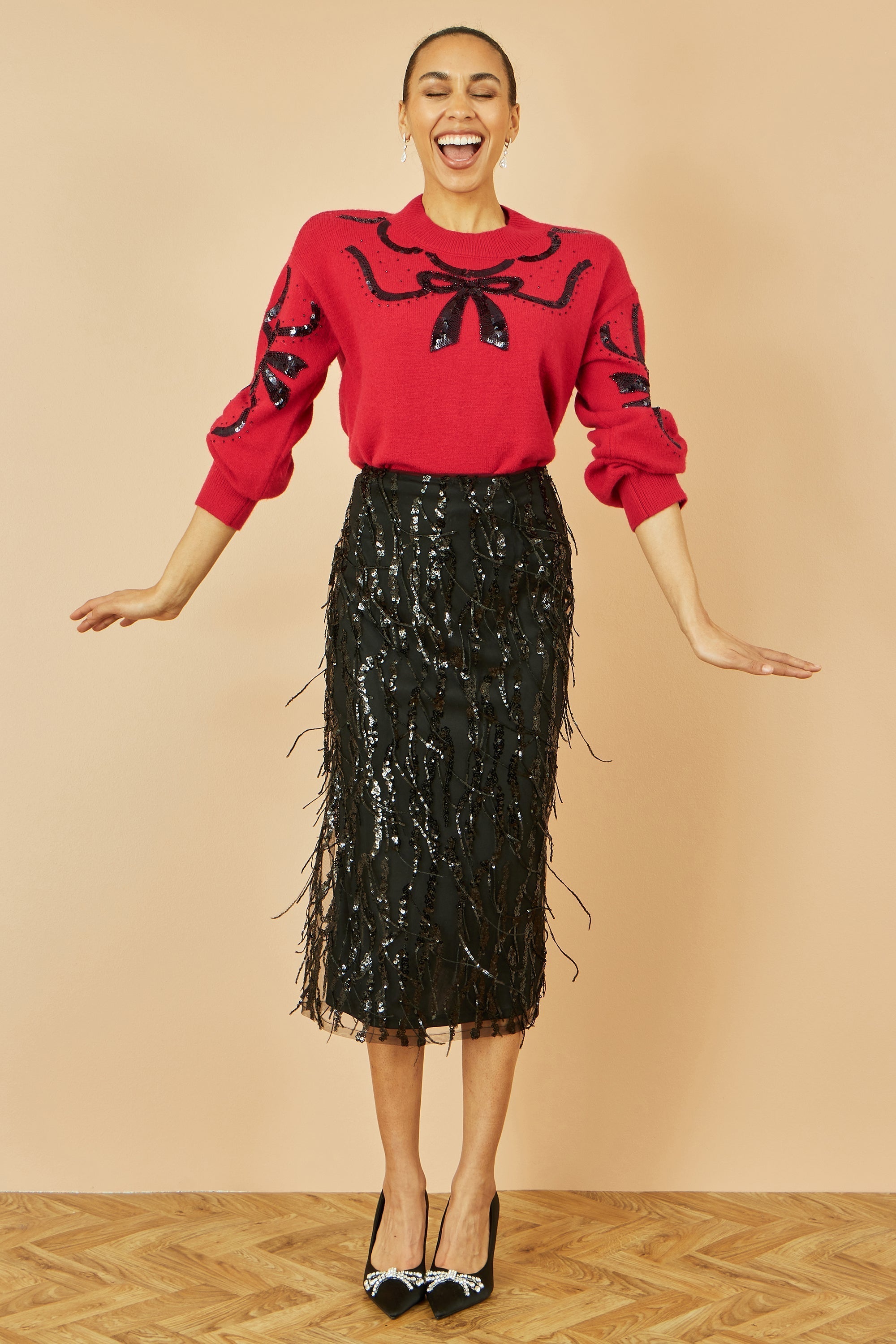 Red Sequinned Bow Neckline Jumper Yumi