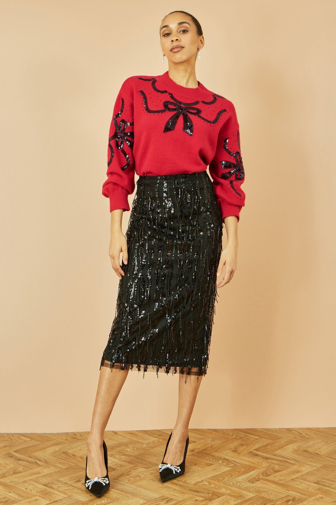 Red Sequinned Bow Neckline Jumper Yumi