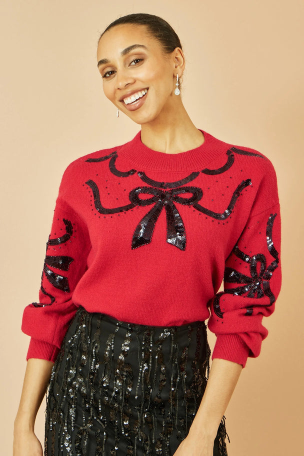 Yumi Red Sequinned Bow Neckline Jumper Yumi