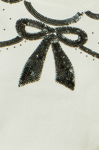 White Sequinned Bow Neckline Jumper Yumi