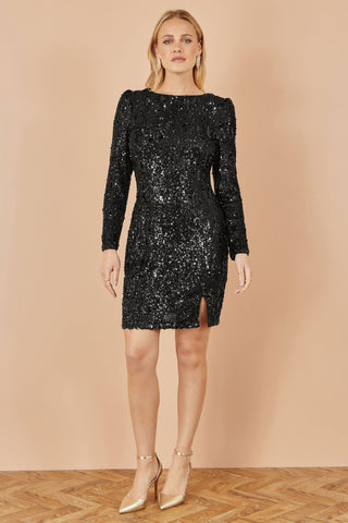 Black Sequin Long Sleeve Fitted Dress Yumi