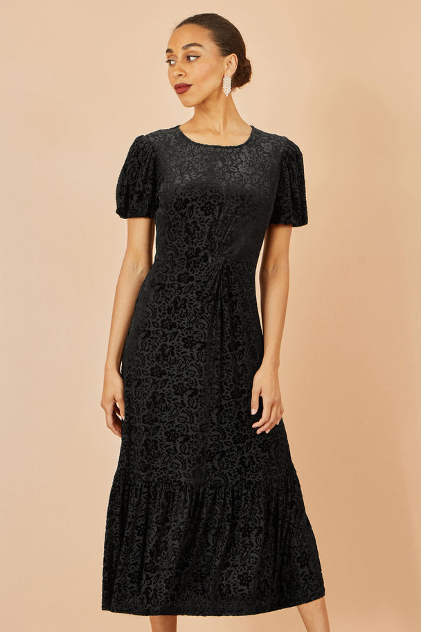 Yumi Black Floral Velour Velvet Twist Waist Midi Dress Yumi