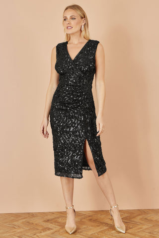 Yumi Black Sequin Fitted Wrap Dress With Split Hem Yumi