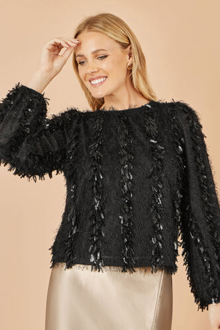 Yumi Black Hanging Sequin Long Sleeve Top Yumi