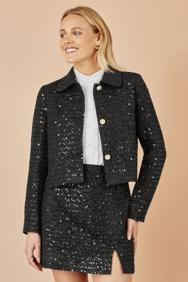 Yumi Black Boucle Sequin Jacket With Pearl Buttons Yumi