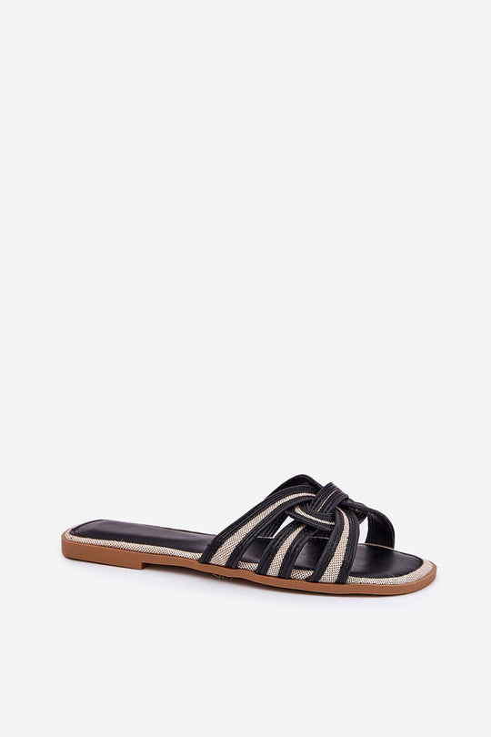 Women's flat flip-flops with interwoven straps, eco leather and textile material.