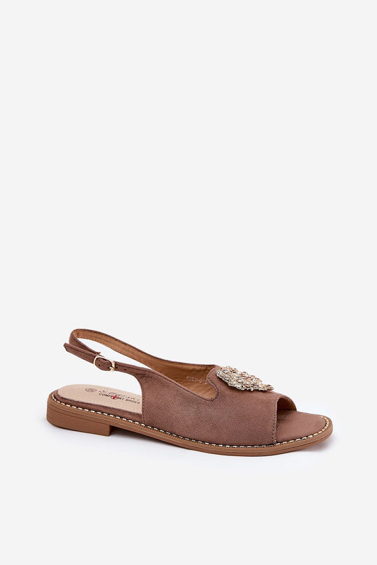 Women's Summer Beige Sandals with heart detail, eco suede material, and flat heel.