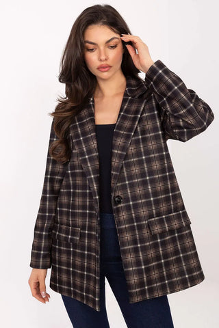 Women’s checked blazer in classic pattern with shoulder pads, buttoned up, styled for casual and elegant looks