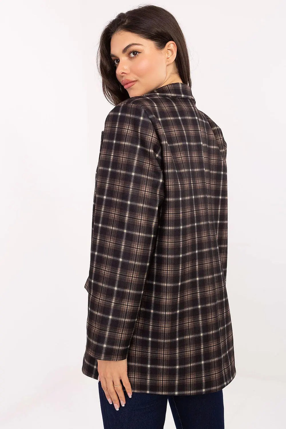 Back view of a woman wearing a stylish women’s checked blazer with long sleeves and classic checkered pattern