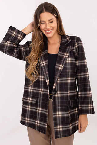 Women’s checked blazer with button closure, long sleeves, shoulder pads, and classic plaid pattern for elegant work and casual wear