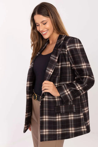 Woman wearing stylish modern women’s checked blazer with button closure and classic checkered pattern