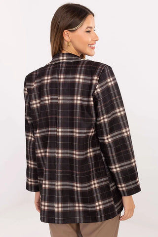 Back view of a woman wearing a stylish women's checked blazer with shoulder pads and classic checkered pattern