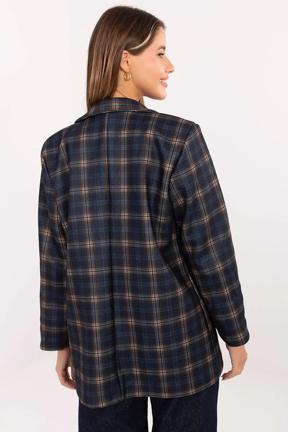 Back view of a woman wearing a stylish women's checked blazer with long sleeves and shoulder pads