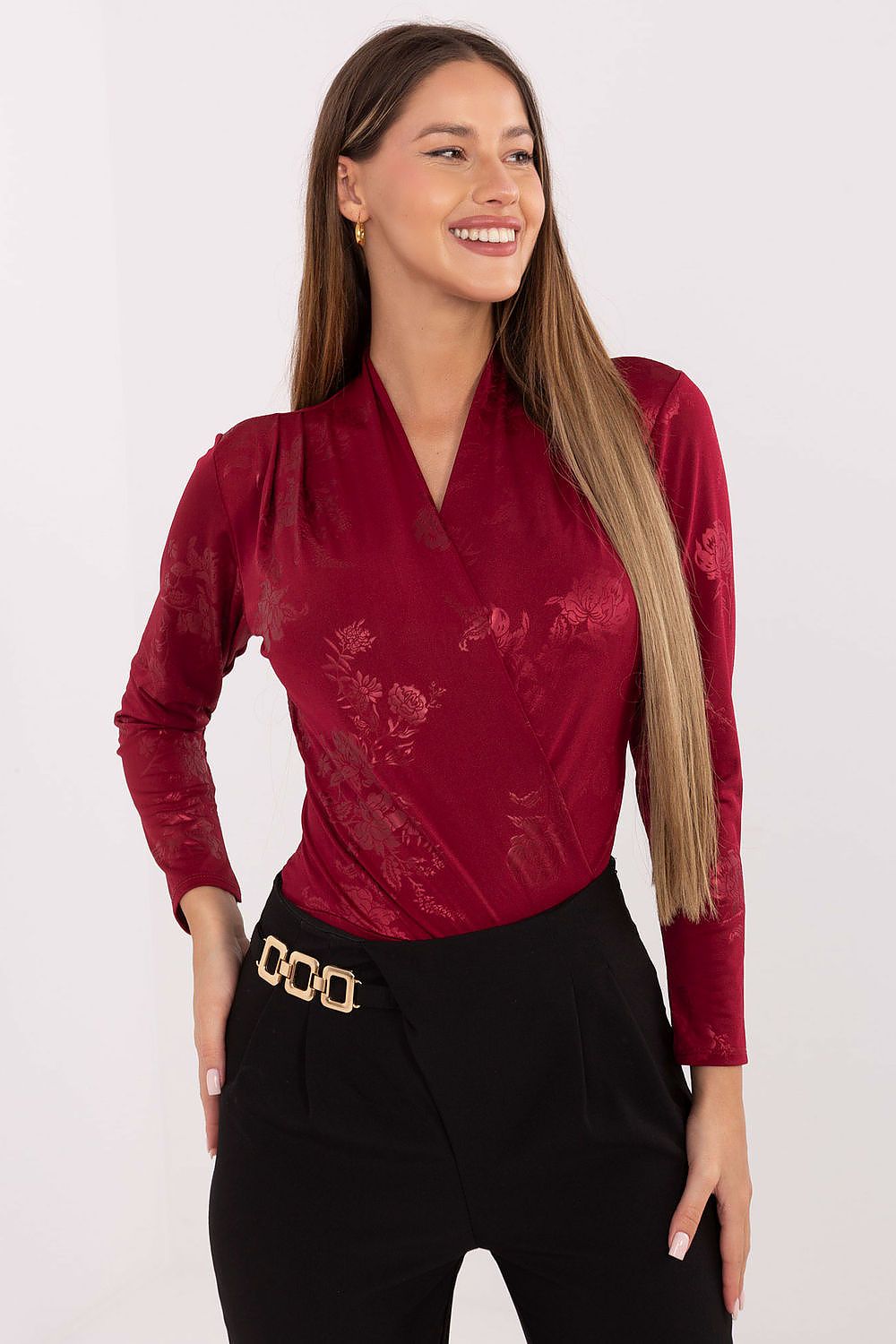 woman wearing red long sleeve shapewear body with floral print and wrap neckline