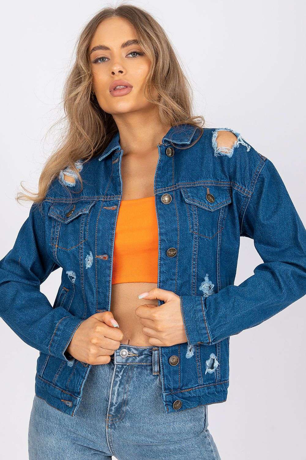 Classic blue shade jacket with holes, 97% cotton, 3% elastane, suitable for everyday styling.